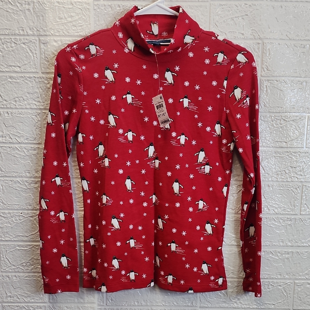 Karen Scott Red Penguin Print Turtleneck Shirt